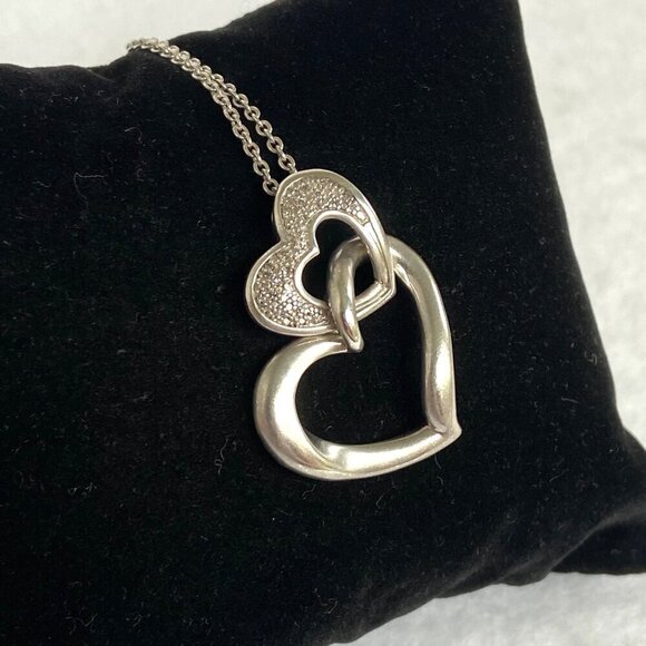 Sterling Silver 925 HOB Double Open Heart Pave Diamond Necklace 19.5" Chain - Picture 7 of 16